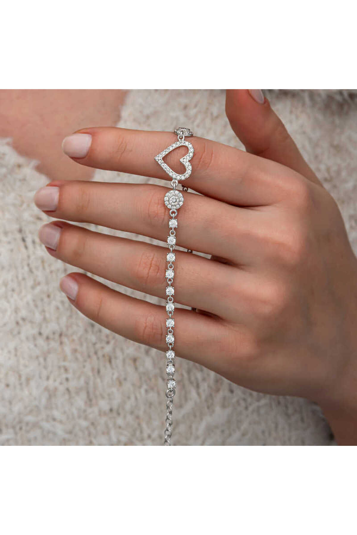 DENİSAM Gümüş Zirkon Taşlı Kalpli Kadın Bileklik