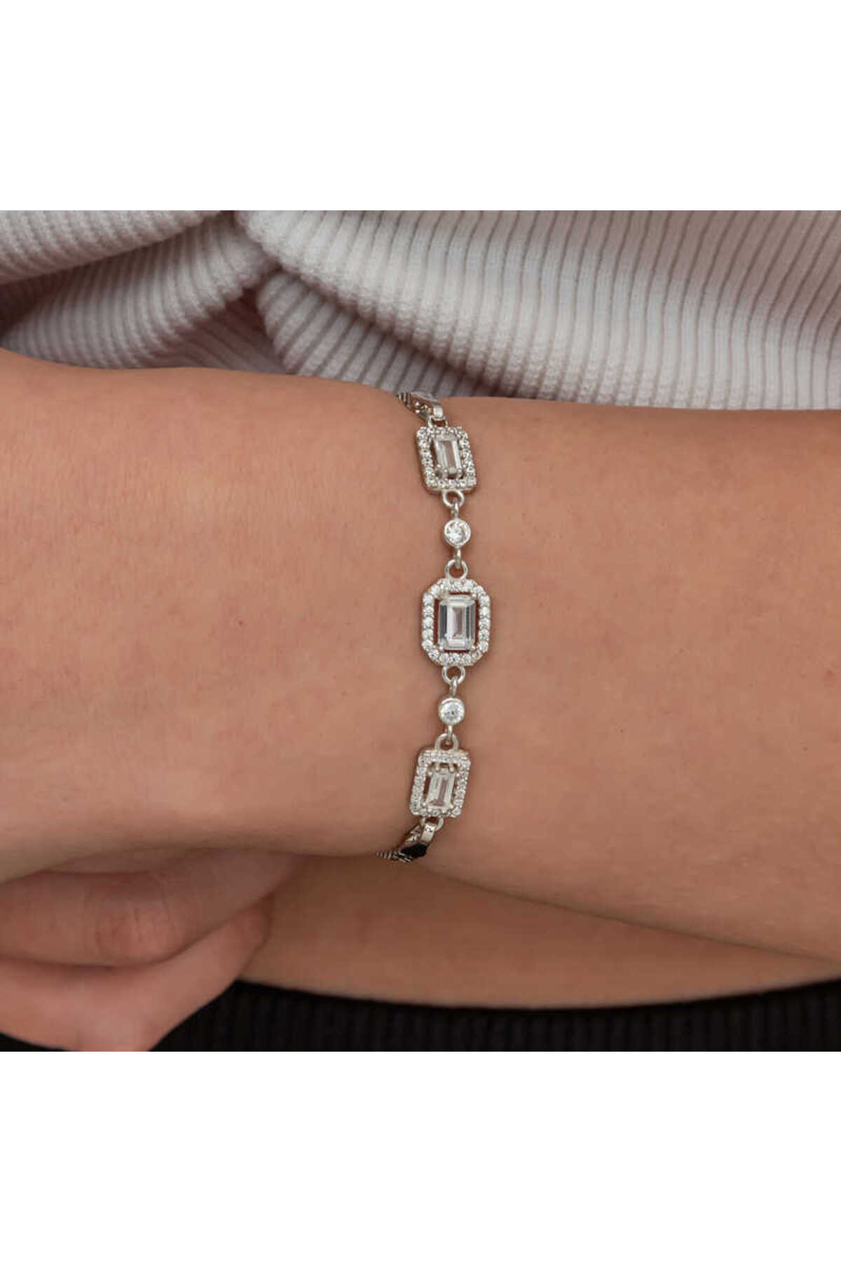 DENİSAM Gümüş Üçlü Baget Taşlı Kadın Bileklik
