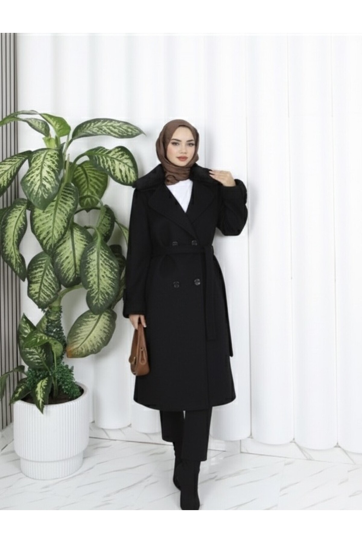 GLR&GYM ŞENGÜL KADIN BÜYÜK BEDEN ASTARLI YAKA KÜRKLÜ ÖRME KAŞE KABAN