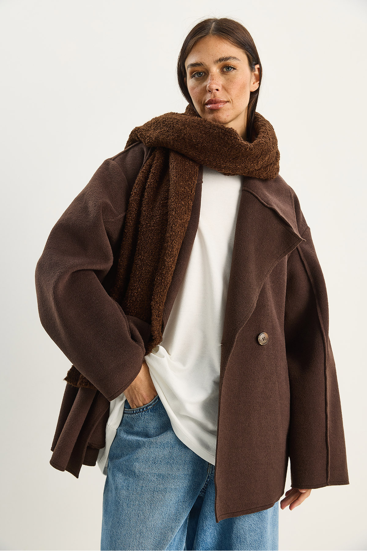 Bianco Lucci  Kadın Geniş Yaka Cep Detaylı Oversize Kaşe Kaban 38183 60283785 - Görsel 3