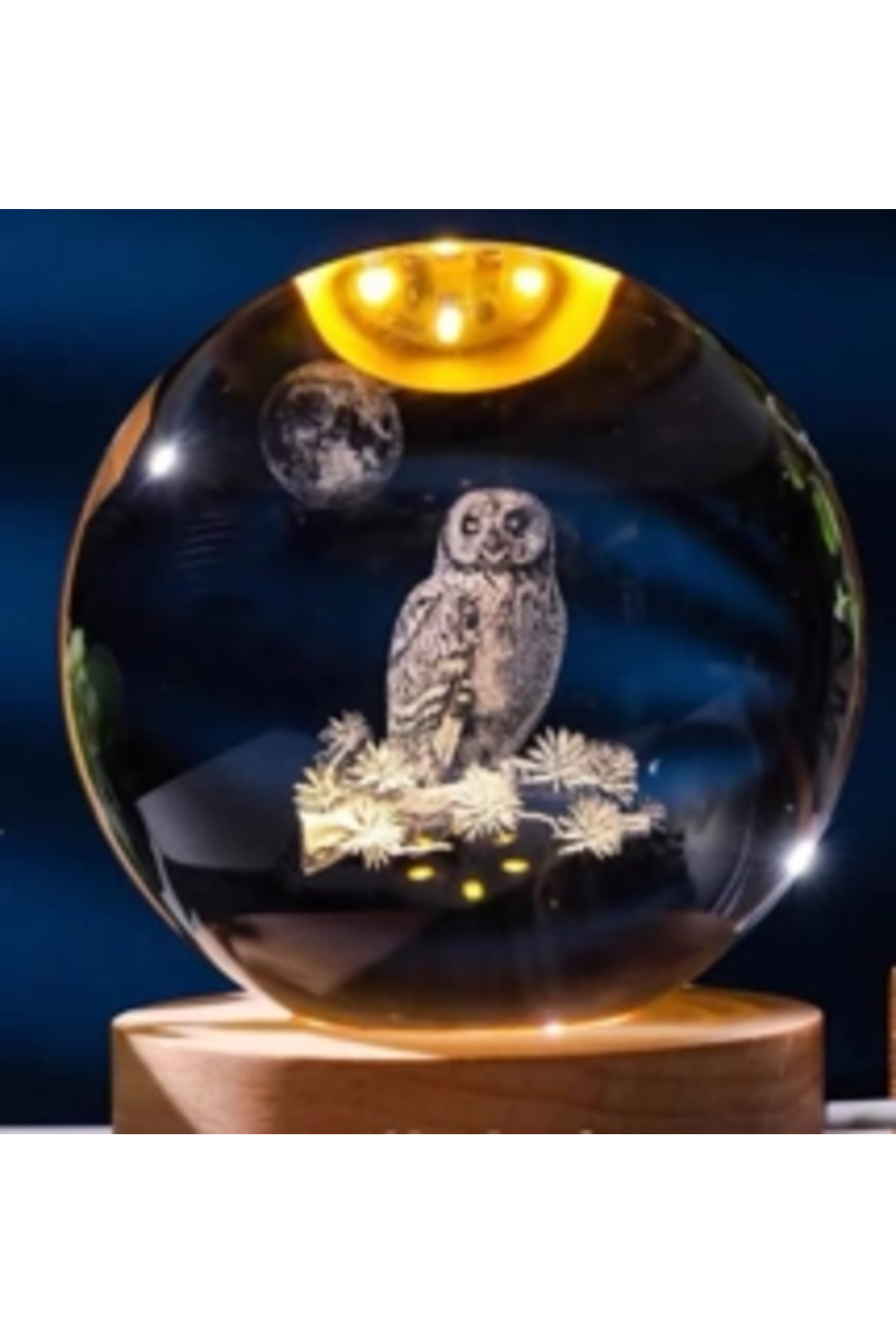 YNT Dekoratif Baykuş Tasarımlı Ahşap Altlıklı Işıklı Cam Küre Büyük Boy 8cm