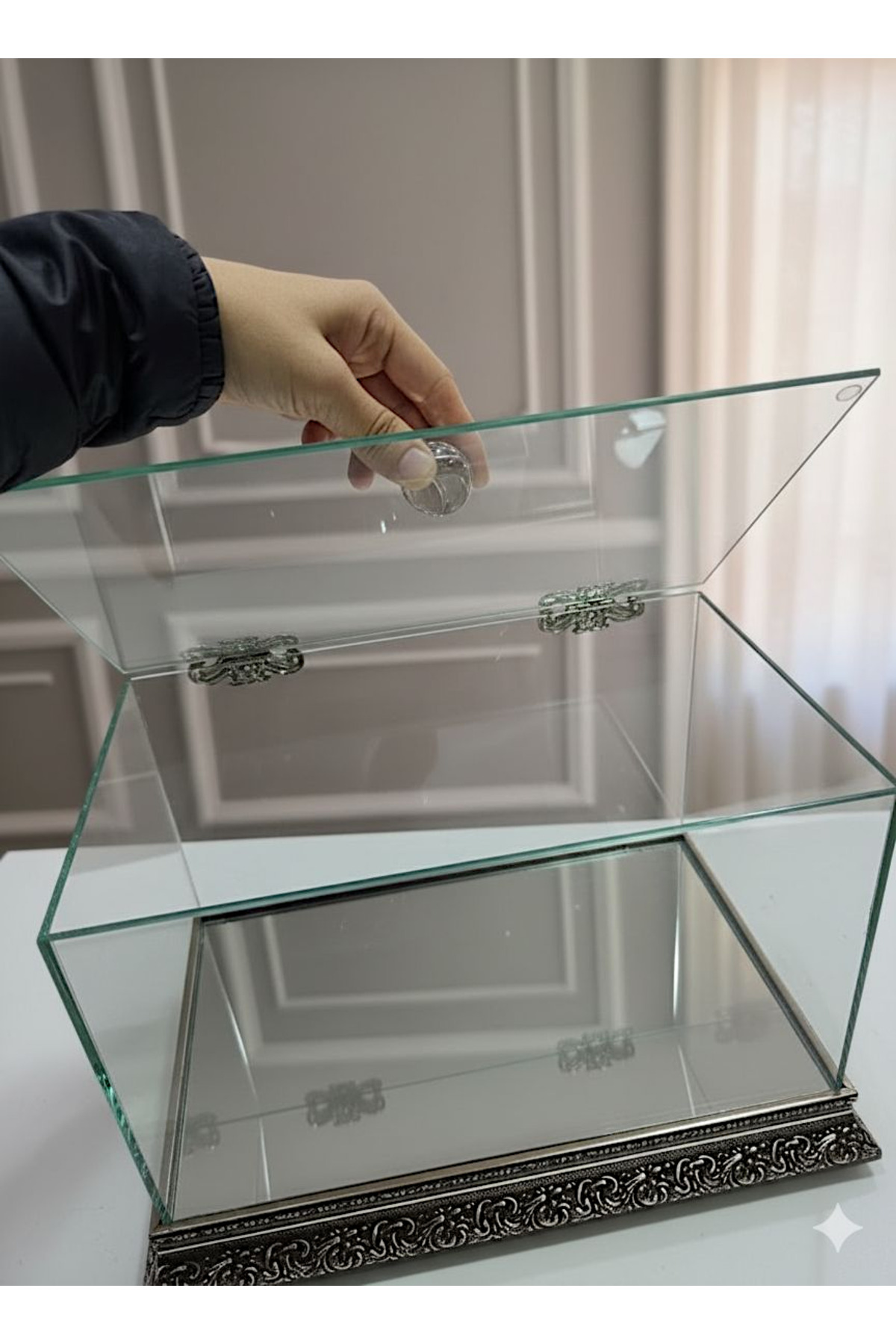 Gümüş İşleme Cam Söz, Nişan, Çeyiz Bohça Kutusu / Ürün Sergileme Fanusu 35X20X20