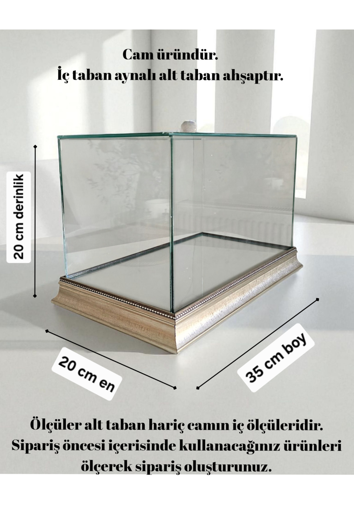 35x20x20 cm Cam Söz Nişan Ürün Sergileme Bohça Çeyiz Kutusu - Ahşap Taban Aynalı Zemin