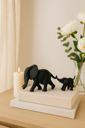 Outletore Bohem, Anne ve Yavru Fil Figürlü Heykel, Siyah Modern Biblo, Ofis E...