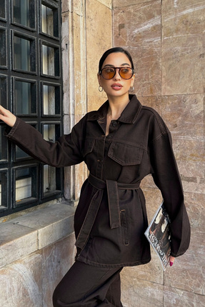 ASEDE Cep Detaylı Kuşaklı Lacivert Denim Premium Ceket Pantolon Kot Jean Takım