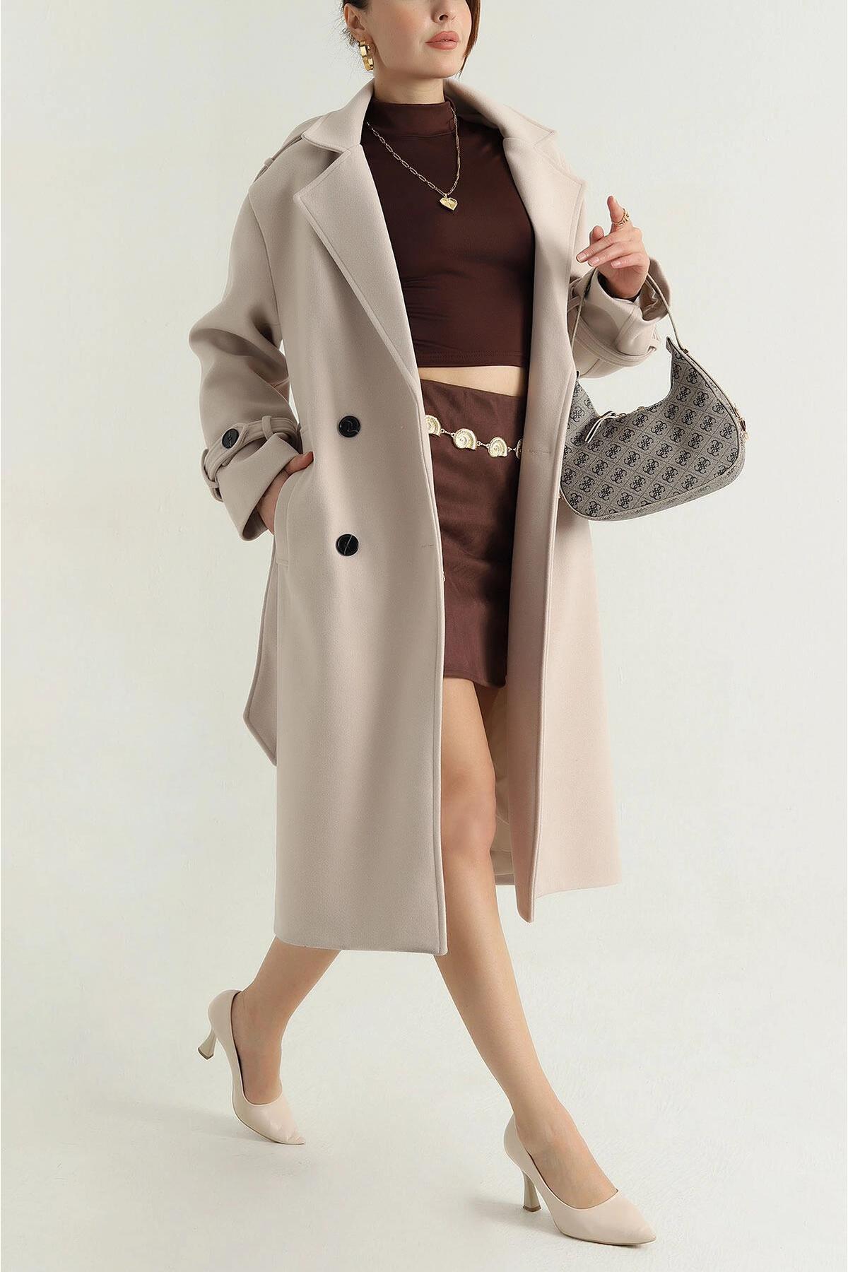 My Loore  Kadın Bej Astarlı Apolet Detaylı Kaşe Kaban MLB095 - Görsel 2