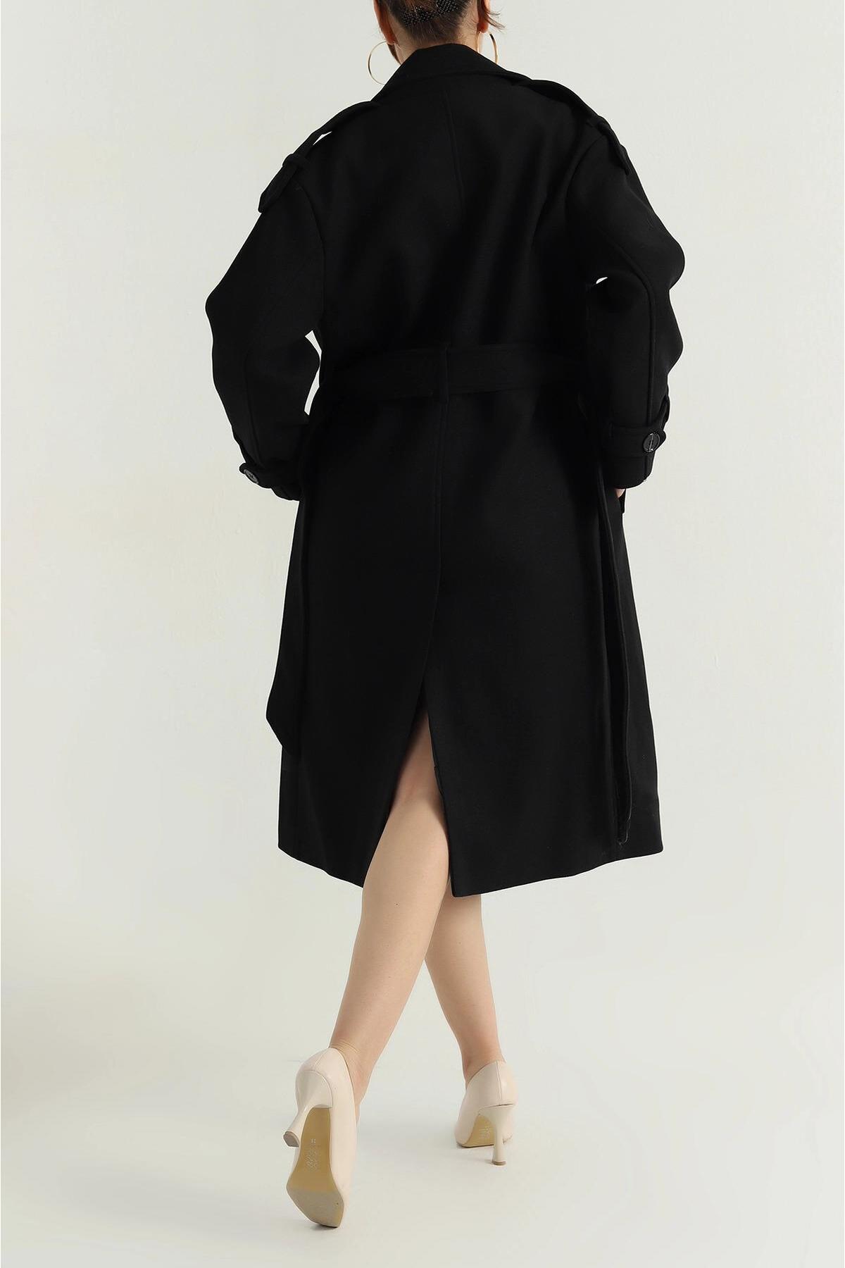 My Loore  Kadın Siyah Astarlı Apolet Detaylı Kaşe Kaban MLB095 - Görsel 4