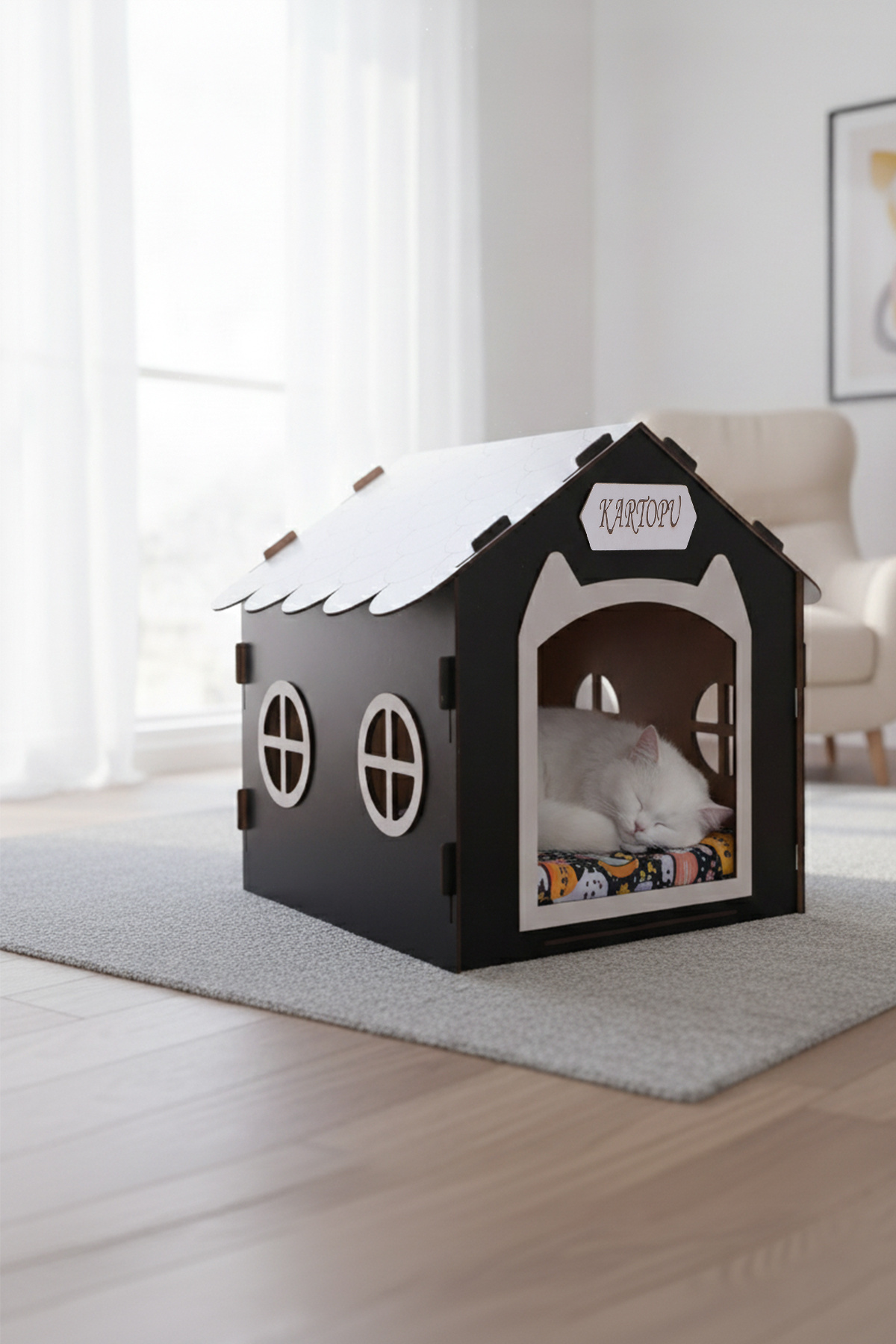 GOBYPET Ahşap Özel İsim Baskılı Dekoratif Kedi Evi-Kulübesi, Kediler İçin Kulübe, Kedi Kulübesi Siyah