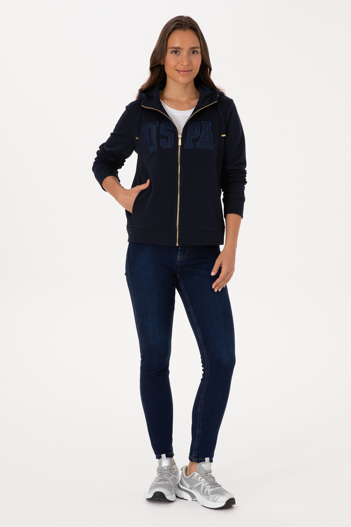 U.S. Polo Assn.  Kadın Lacivert Fermuarlı Kapüşonlu Basic Sweatshirt 50307769-VR033 - Görsel 4