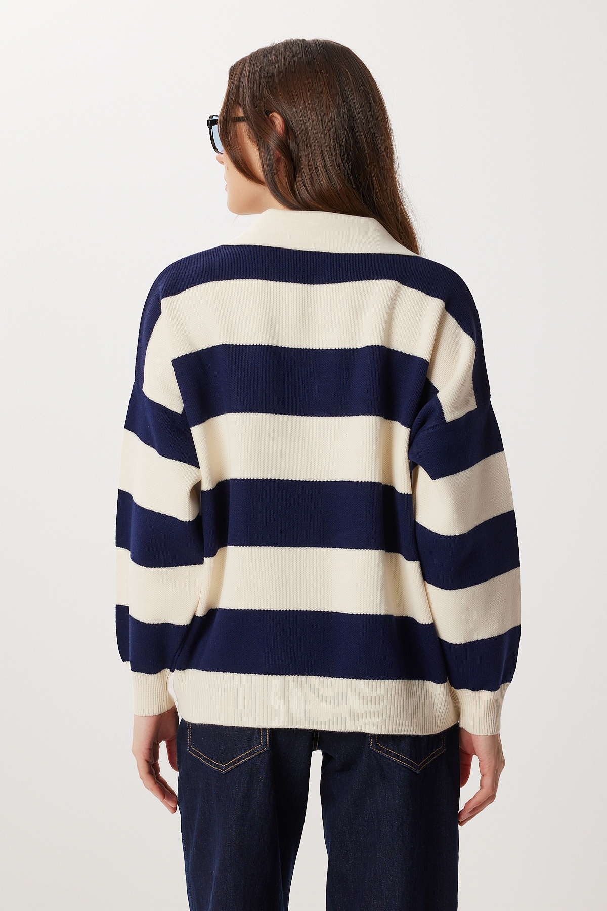 Lovelyİstanbul Oversize Çizgili Triko Kazak LMC0076 KEMİK LACİVERT görsel 5