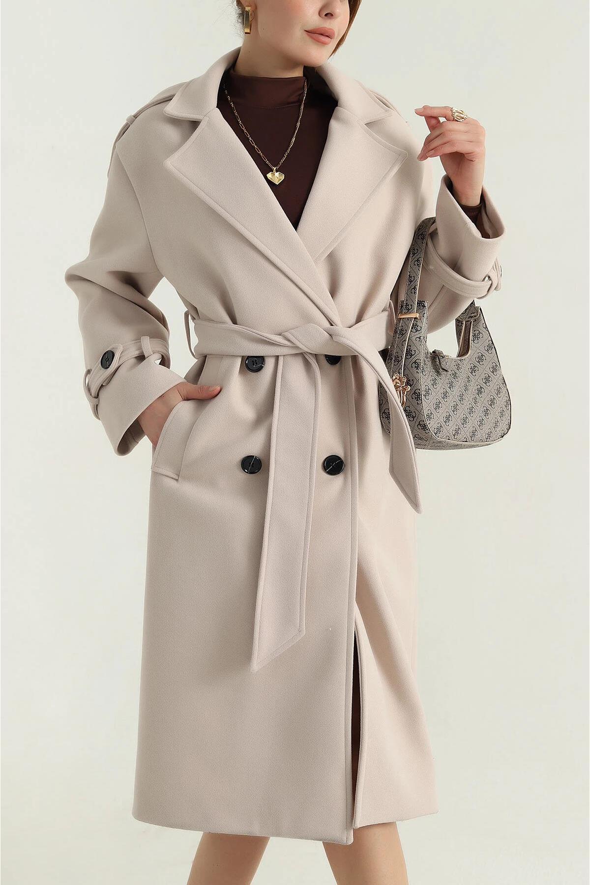 My Loore  Kadın Bej Astarlı Apolet Detaylı Kaşe Kaban MLB095 - Görsel 3