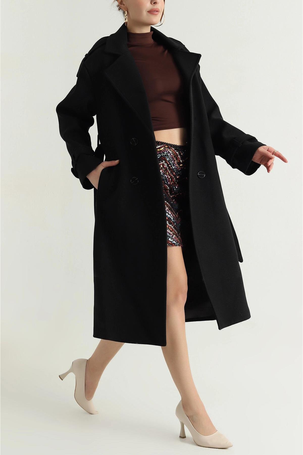 My Loore  Kadın Siyah Astarlı Apolet Detaylı Kaşe Kaban MLB095 - Görsel 2