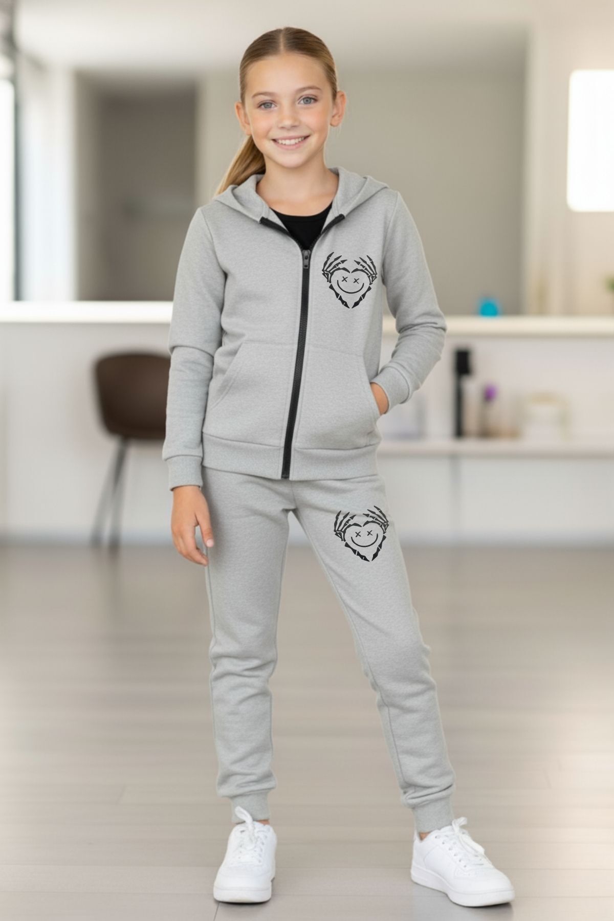 Girls Printed Hooded Zippered Tracksuit
