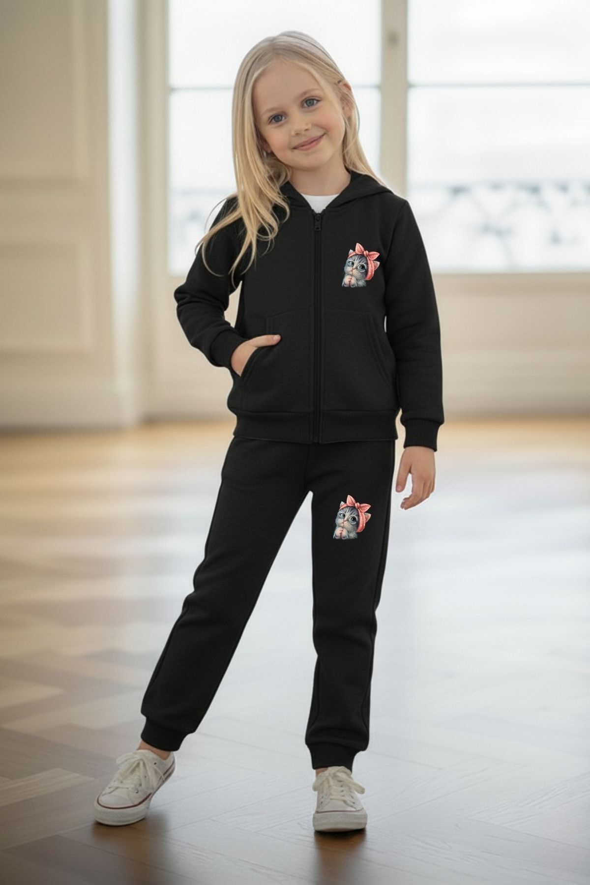 Girls Printed Hooded Zippered Tracksuit