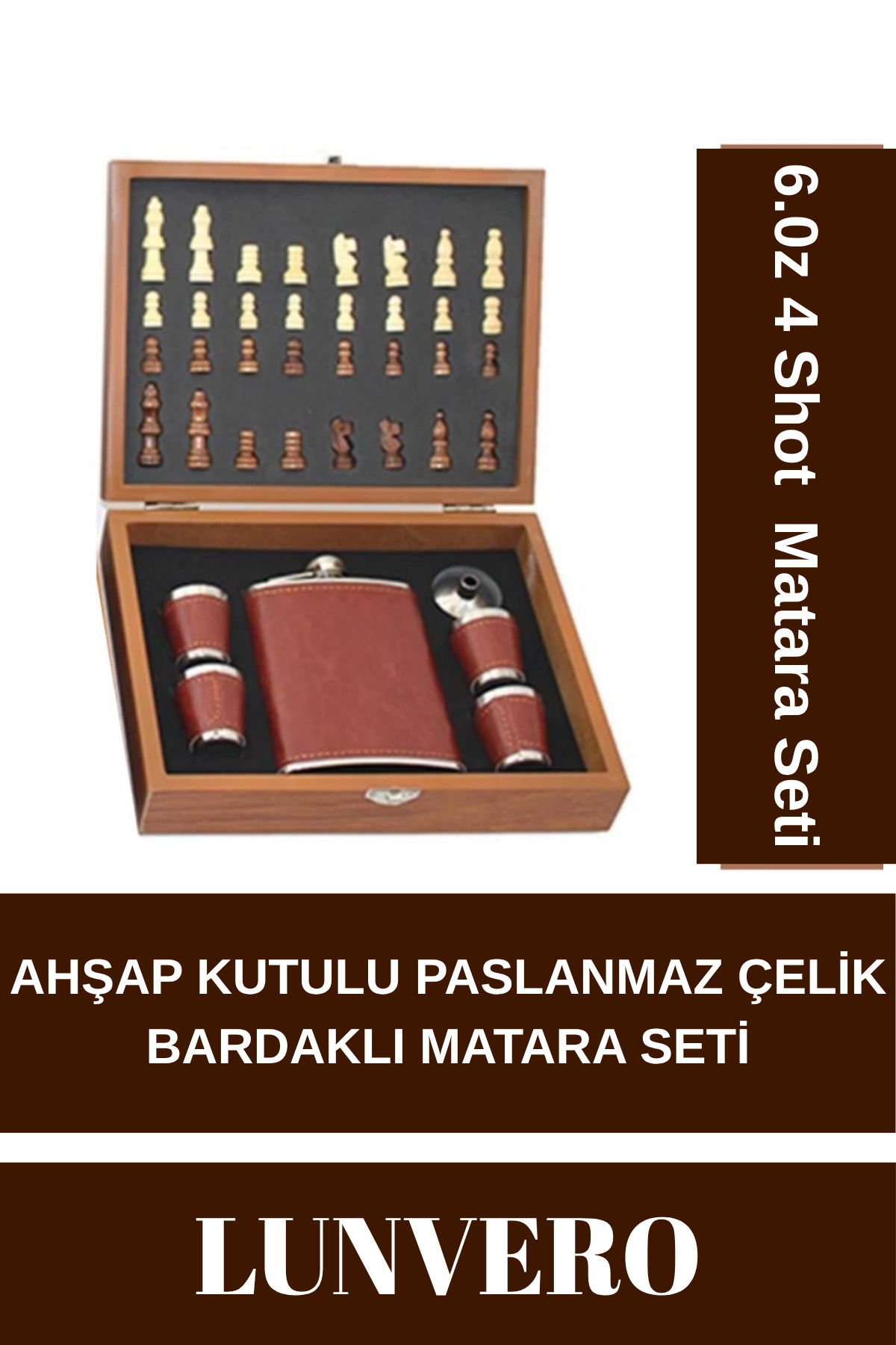 Lunvero Özel Seri Ahşap Kutulu 8.Oz 4 Shot Bardaklı Paslanmaz Çelik Satrançlı Alkol Deri Matara Seti 24*18Cm