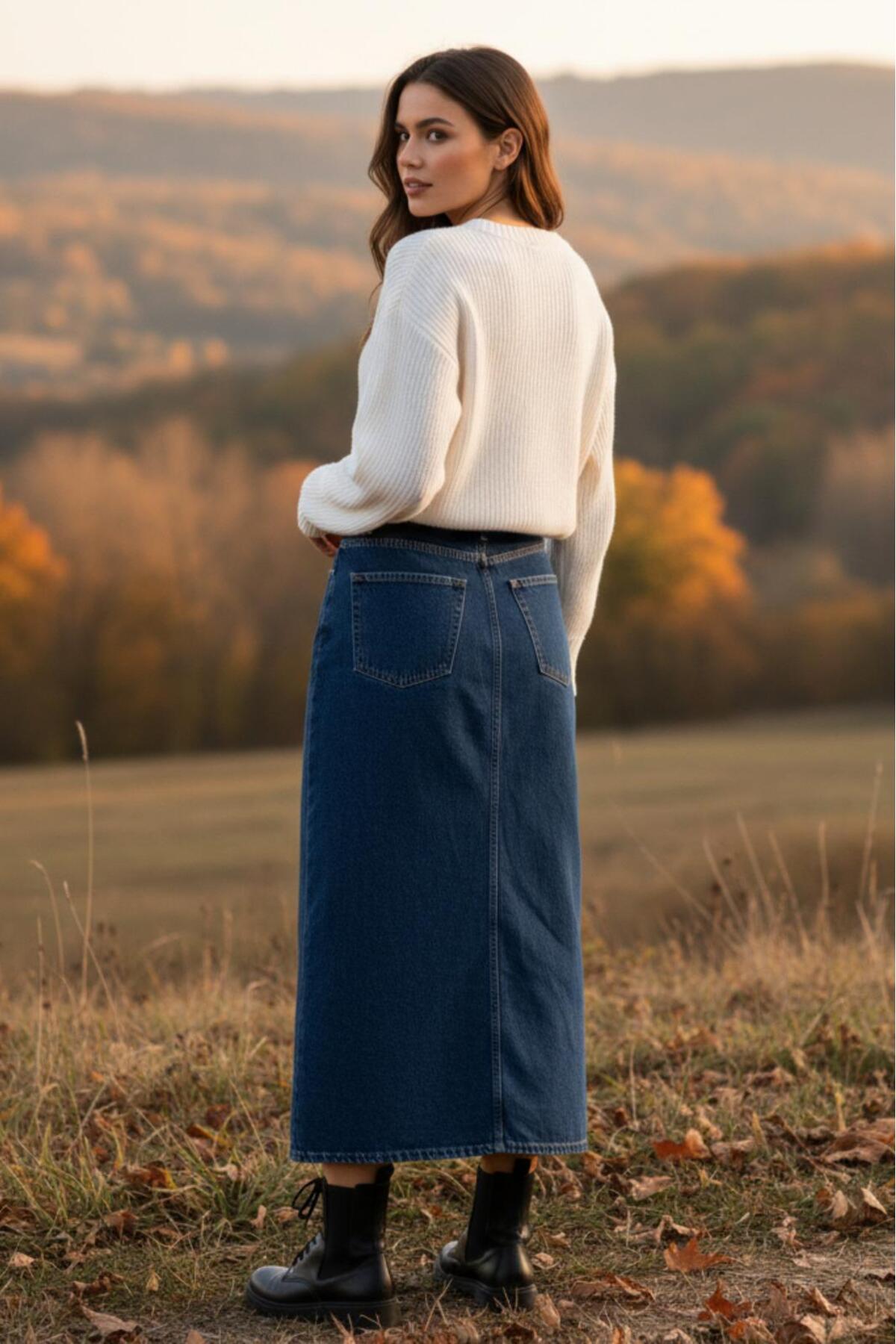 Dema  Kadın Pamuklu Koyu Mavi Denim Etek - Görsel 6