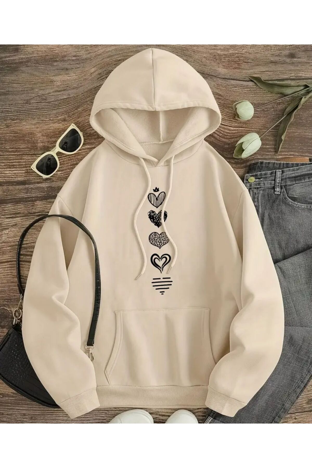 Steep hearts Printed Beige hooded Sweatshirt