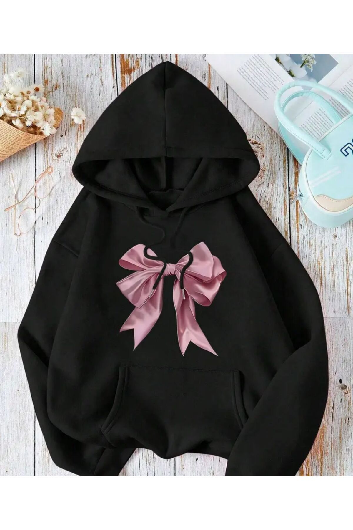 herkesemoda Panglică roz cu imprimeu Hanorac negru tricou