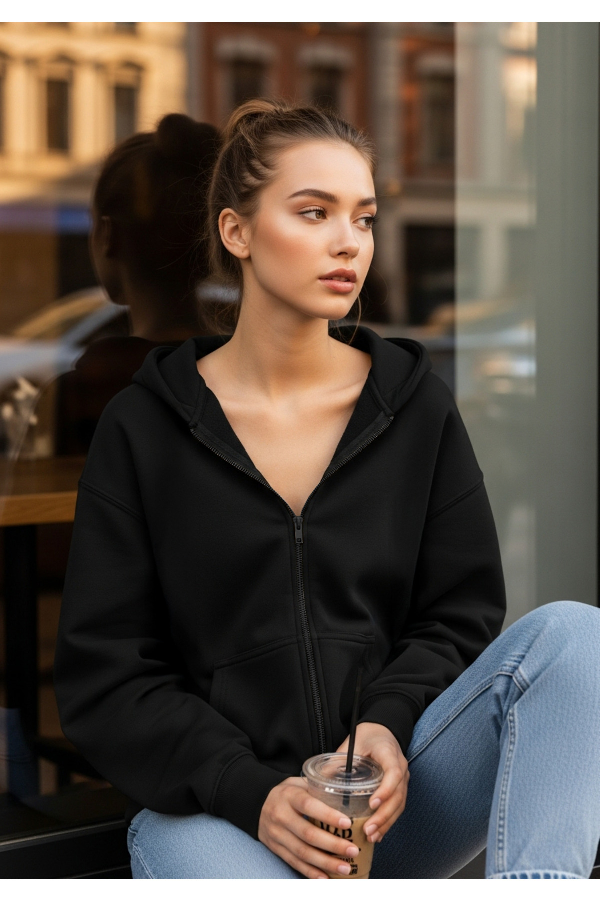 Unisex Siyah Fermuarlı Kapüşonlu Oversize Hırka — مشکی FRK0001BLACKHRK0001 — تصویر 3 از 6