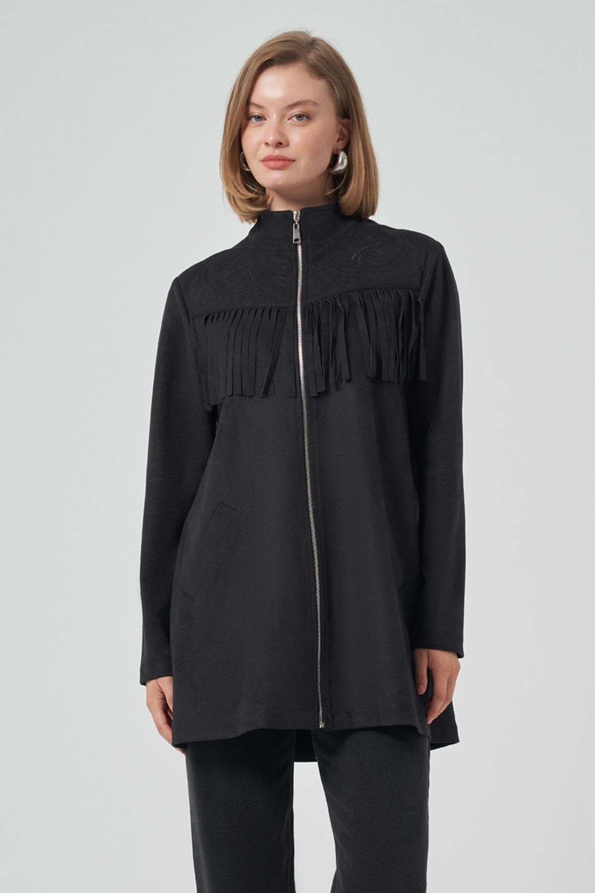 Nuss Püskül ve İşlemen Detay Süet Ceket 6028 Siyah - Fiyatı, Yorumları