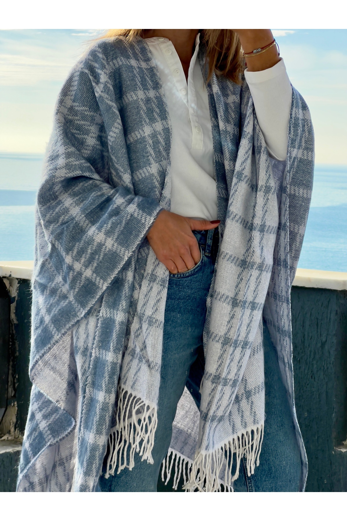 who knows ¿ Çift taraflı panço şal kadın giyim aksesuar