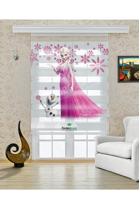 Yznhome Çocuk odası - Pembe Elbiseli Prenses ve Çiçek Desenli Zebra Perde - Y...