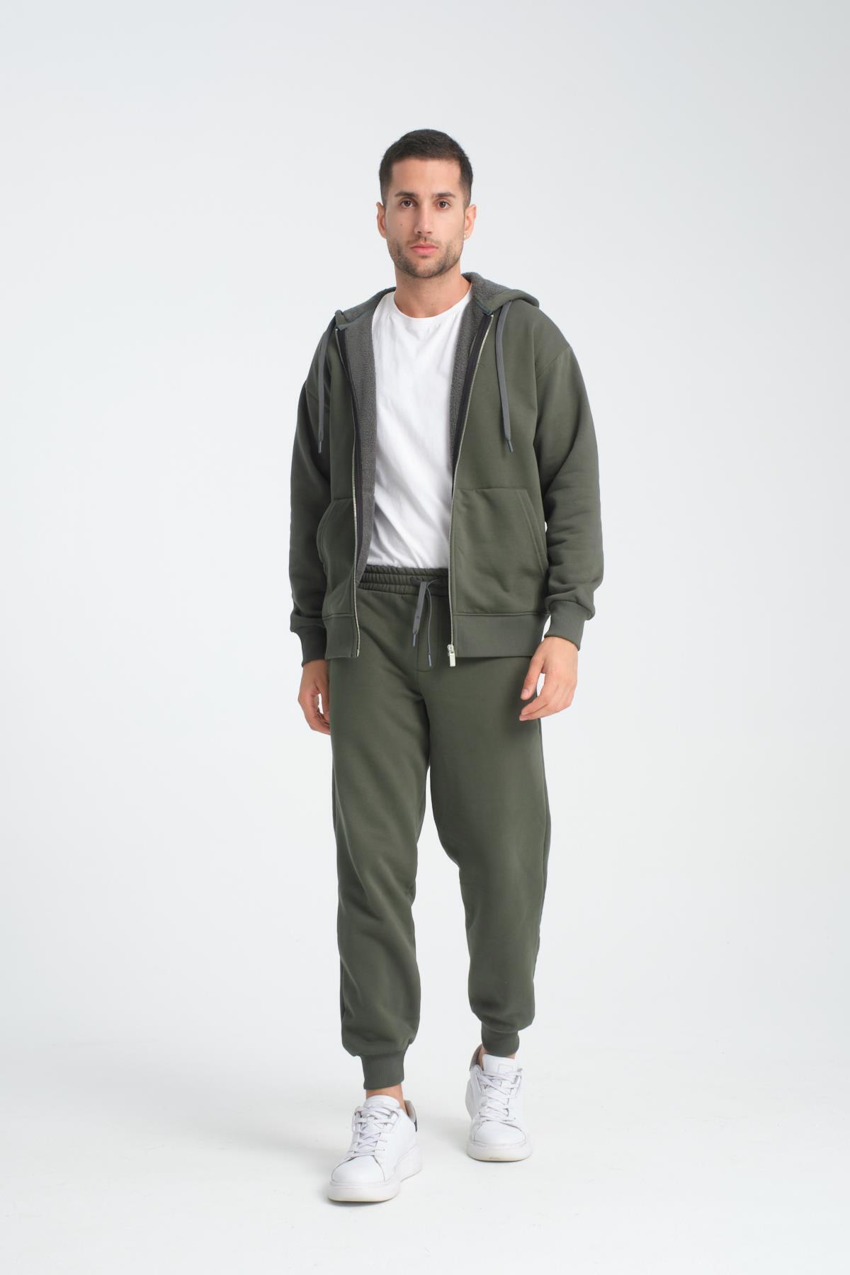 Valiberta İçi Peluş Üç İplik Kumaş Oversize Fermuarlı Kapüşonlu Sweatshirt - Çam Yeşili görsel 2