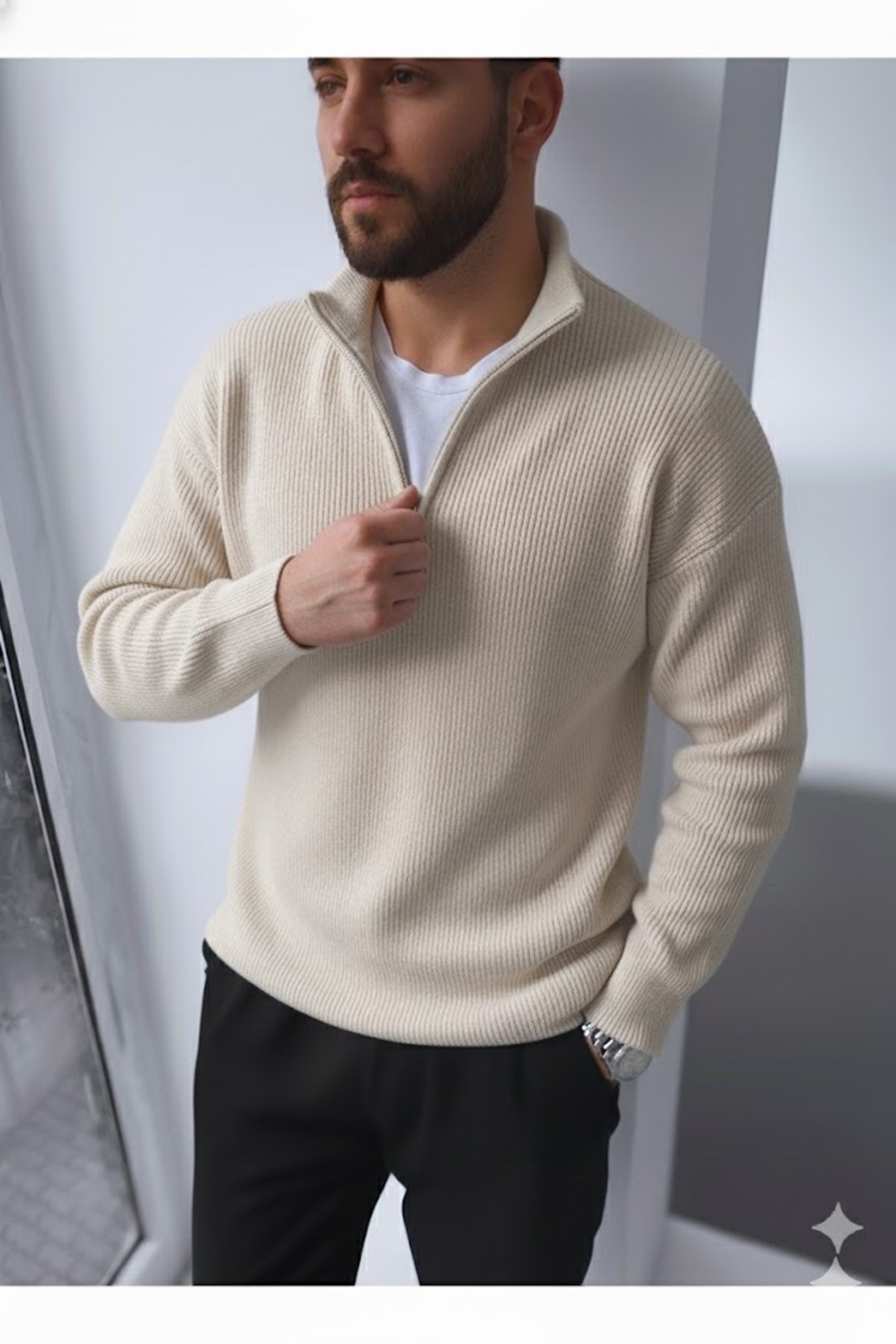 DRAGON WEAR Erkek Yarım Fermuarlı Kadife Görünümlü Triko – Şeker rengi