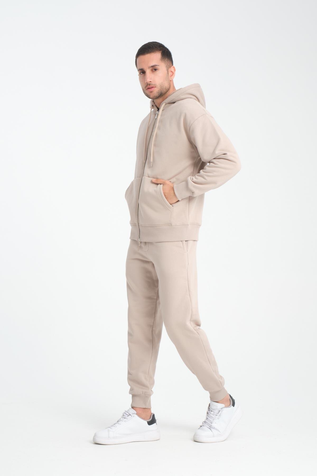 Valiberta İçi Peluş Üç İplik Kumaş Oversize Fermuarlı Kapüşonlu Sweatshirt - Kum Beji görsel 6