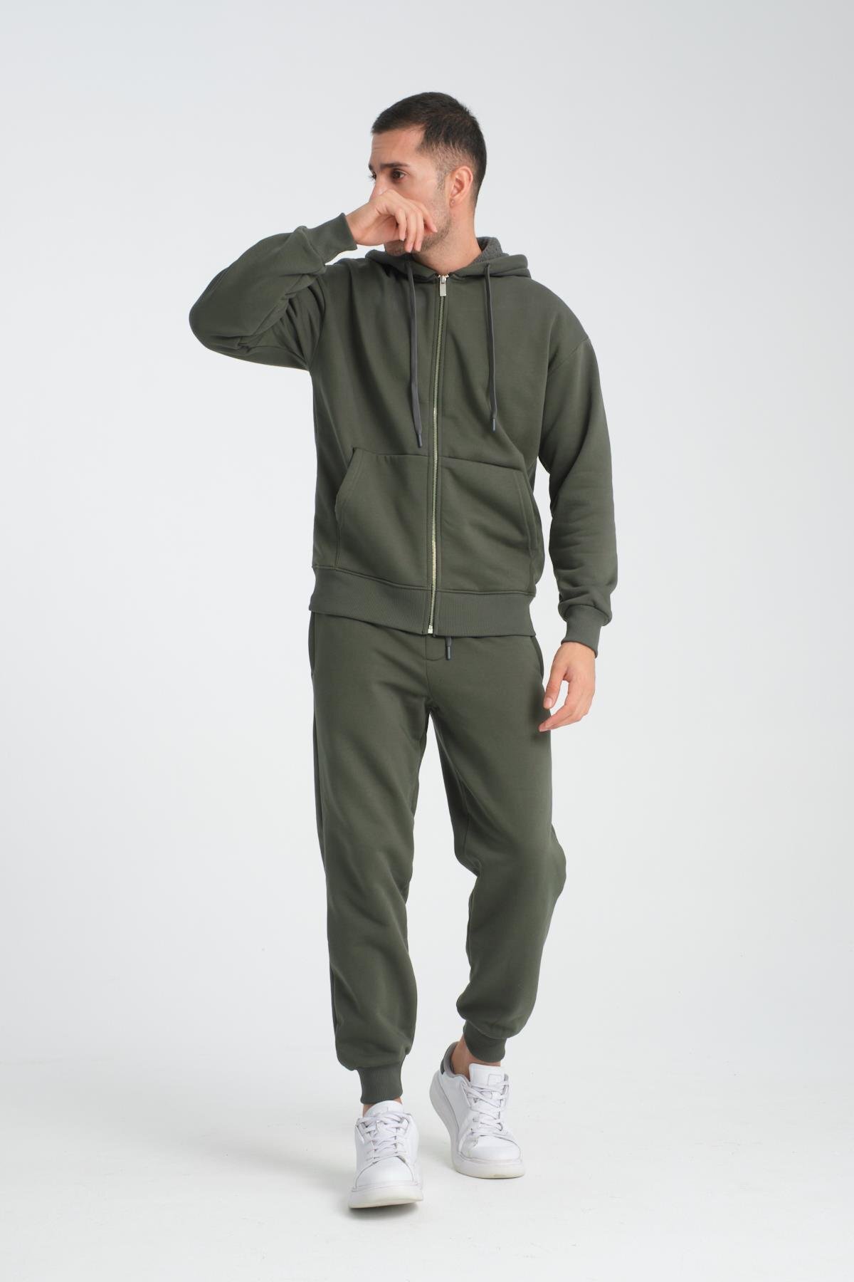 Valiberta İçi Peluş Üç İplik Kumaş Oversize Fermuarlı Kapüşonlu Sweatshirt - Çam Yeşili görsel 8