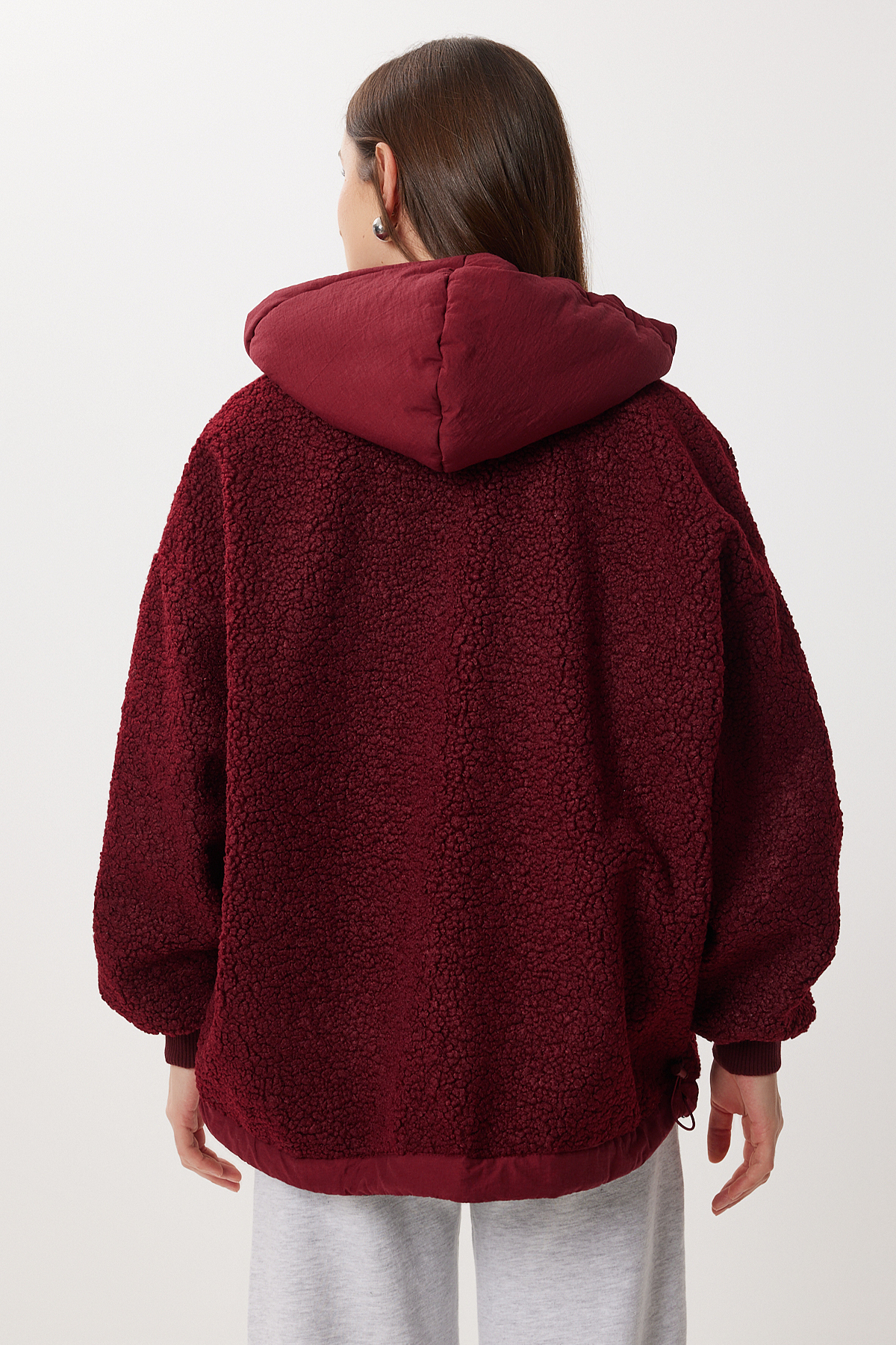 Lovelyİstanbul  Oversize Kapüşonlu Kontrast Peluş Mont LFG0172 BORDO - Görsel 6