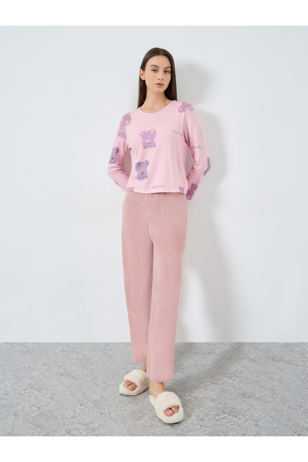 Take Two By Styli Cozy Pink Bear Print T-Shirt and Pyjama Set