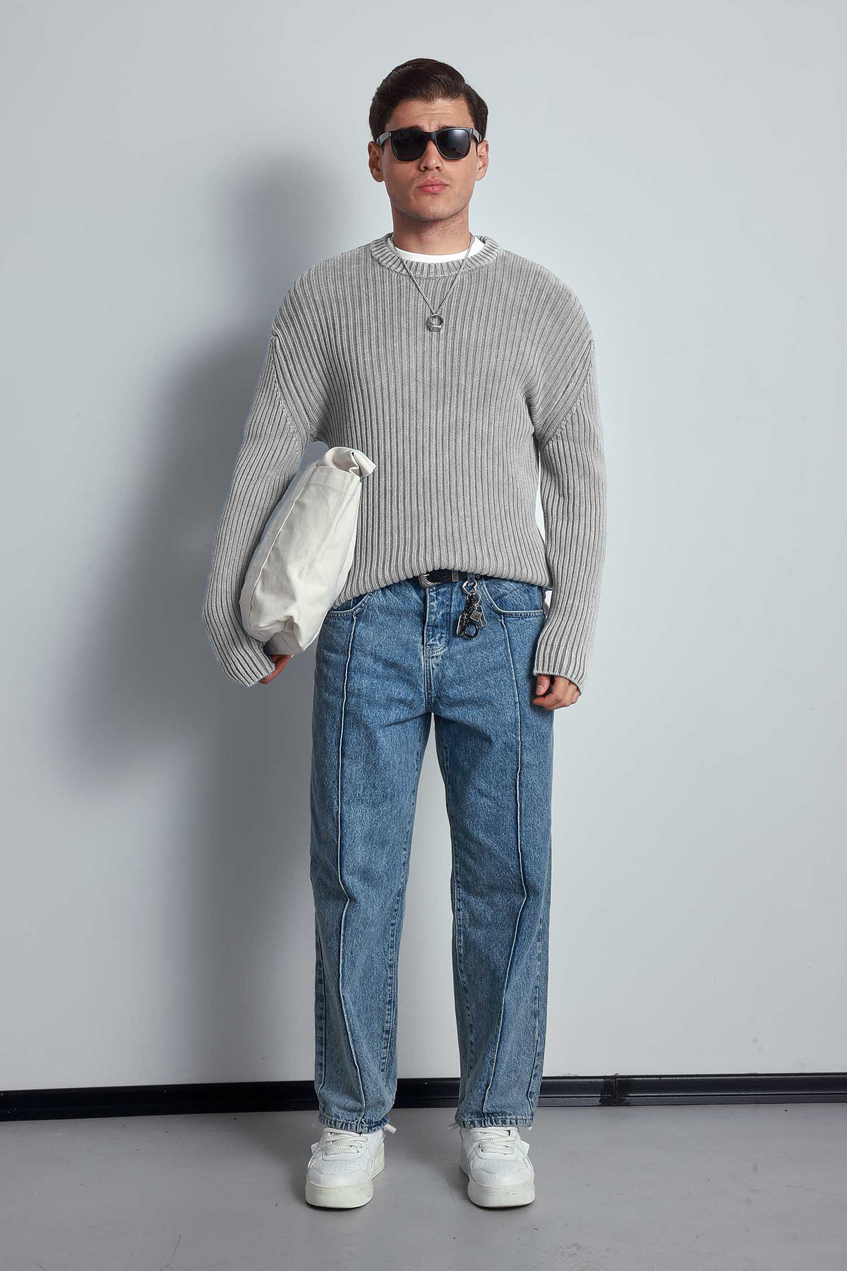 ablukaonline Erkek Oversize Yıkamalı Efektli Basic Kazak Gri görsel 5