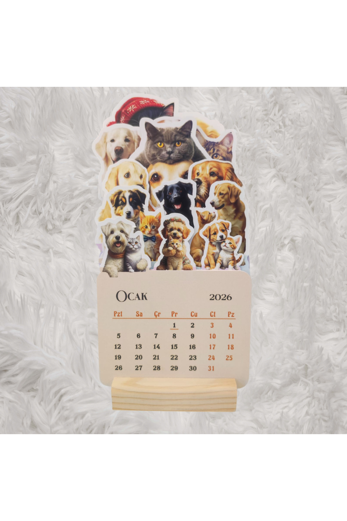 YUNUS COPY 2026 Kedi Köpek Dostluğu Takvimi Ahşap Ayaklı Kedi Köpek Dostluğu Temalı Özel Tasarım Takvim