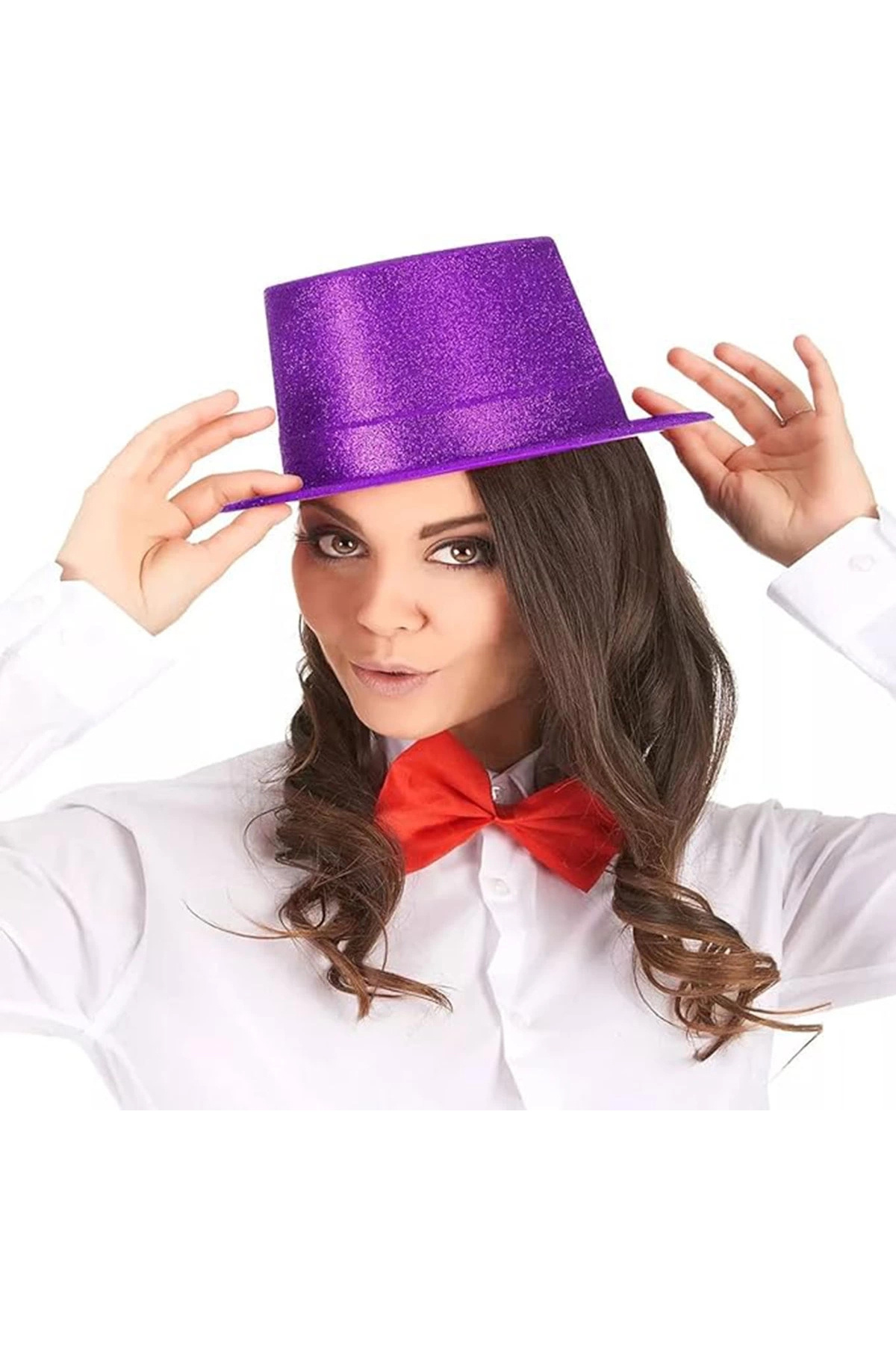 BYDNZ SHOP Koyu Mor Renk Violet Parıltılı Simli Fötr Silindir Parti Şapkası