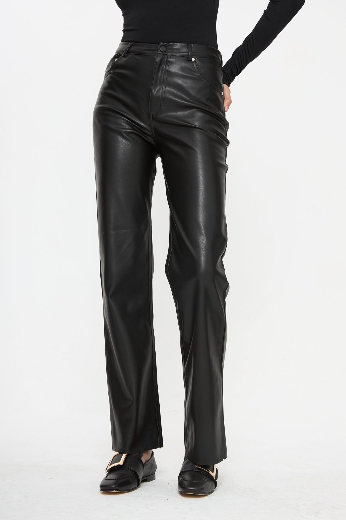 Tt Line  Yüksek Bel Düz Paça Suni Deri Pantolon - Görsel 2