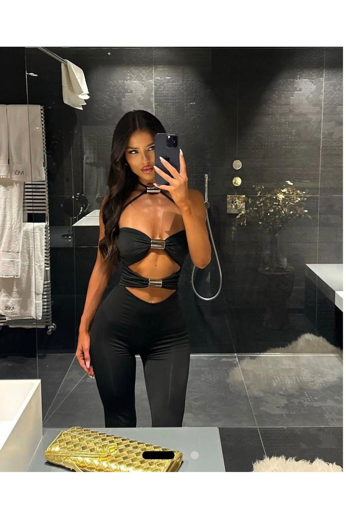 pink life Siyah Sandy Kum.Olivia Üç Toka Detaylı Maksi Tulum