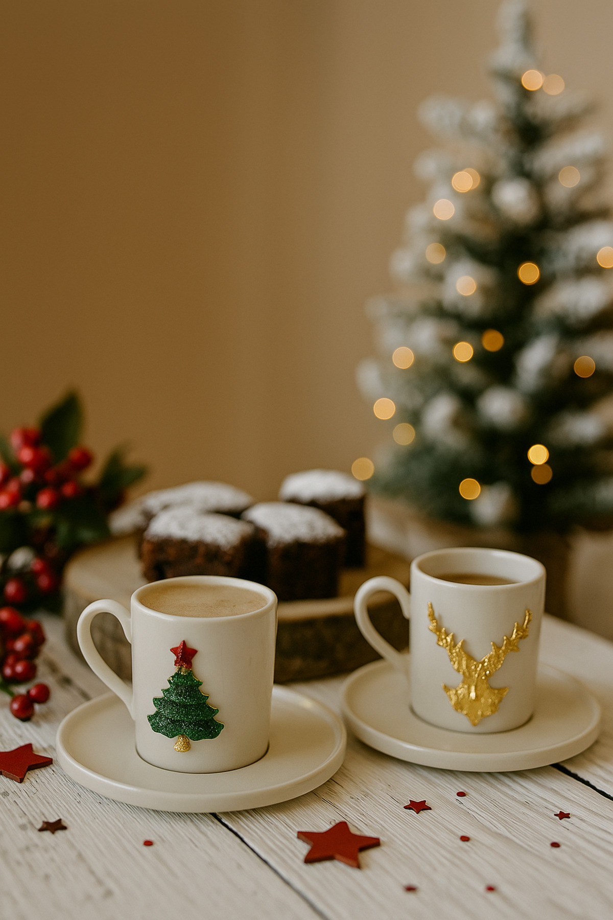 Derya Porcelain Coffee Set for 2 with Pine Tree and Deer Accessories, Christmas Gift Cup
