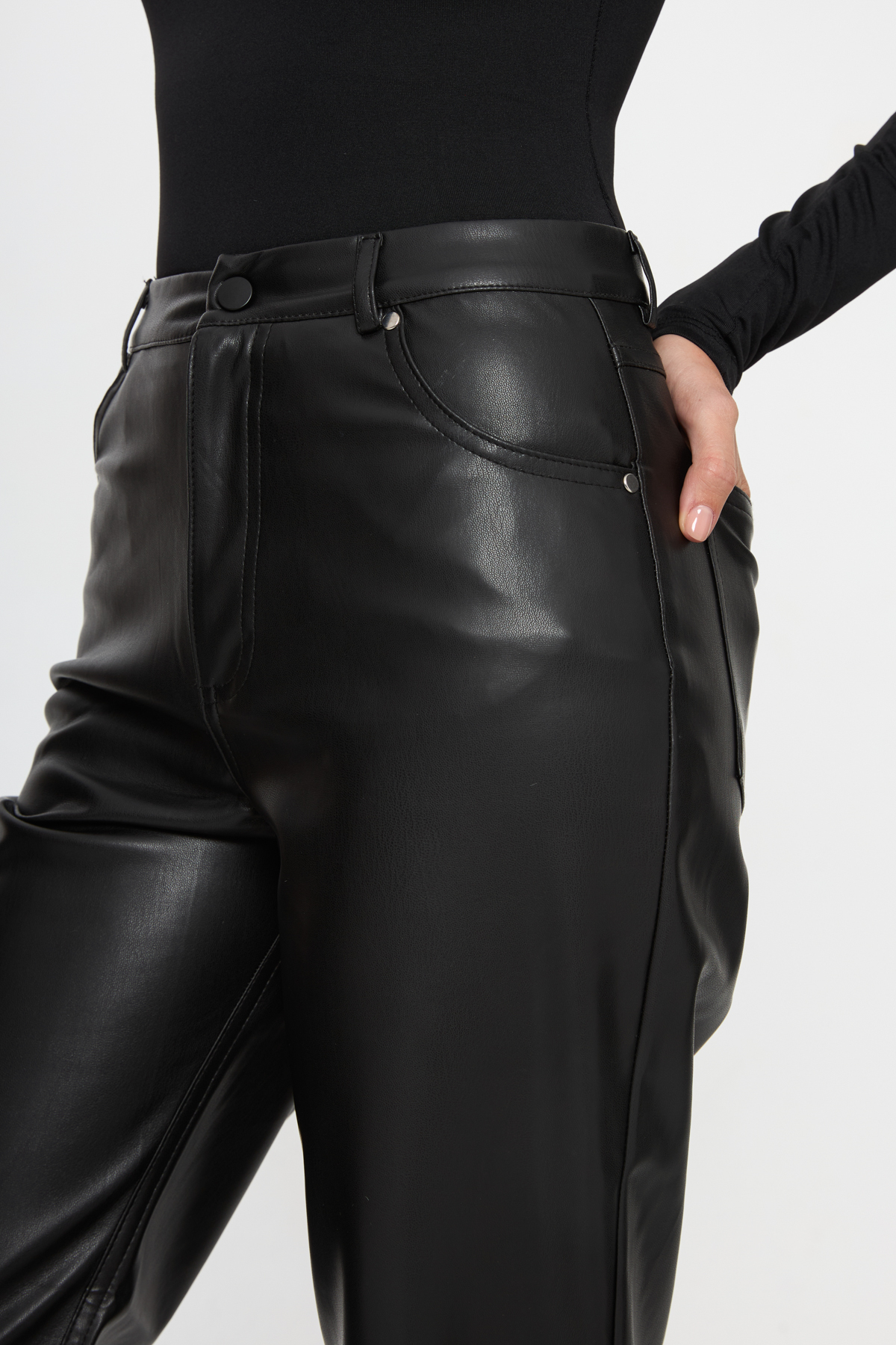 Tt Line  Yüksek Bel Düz Paça Suni Deri Pantolon - Görsel 5