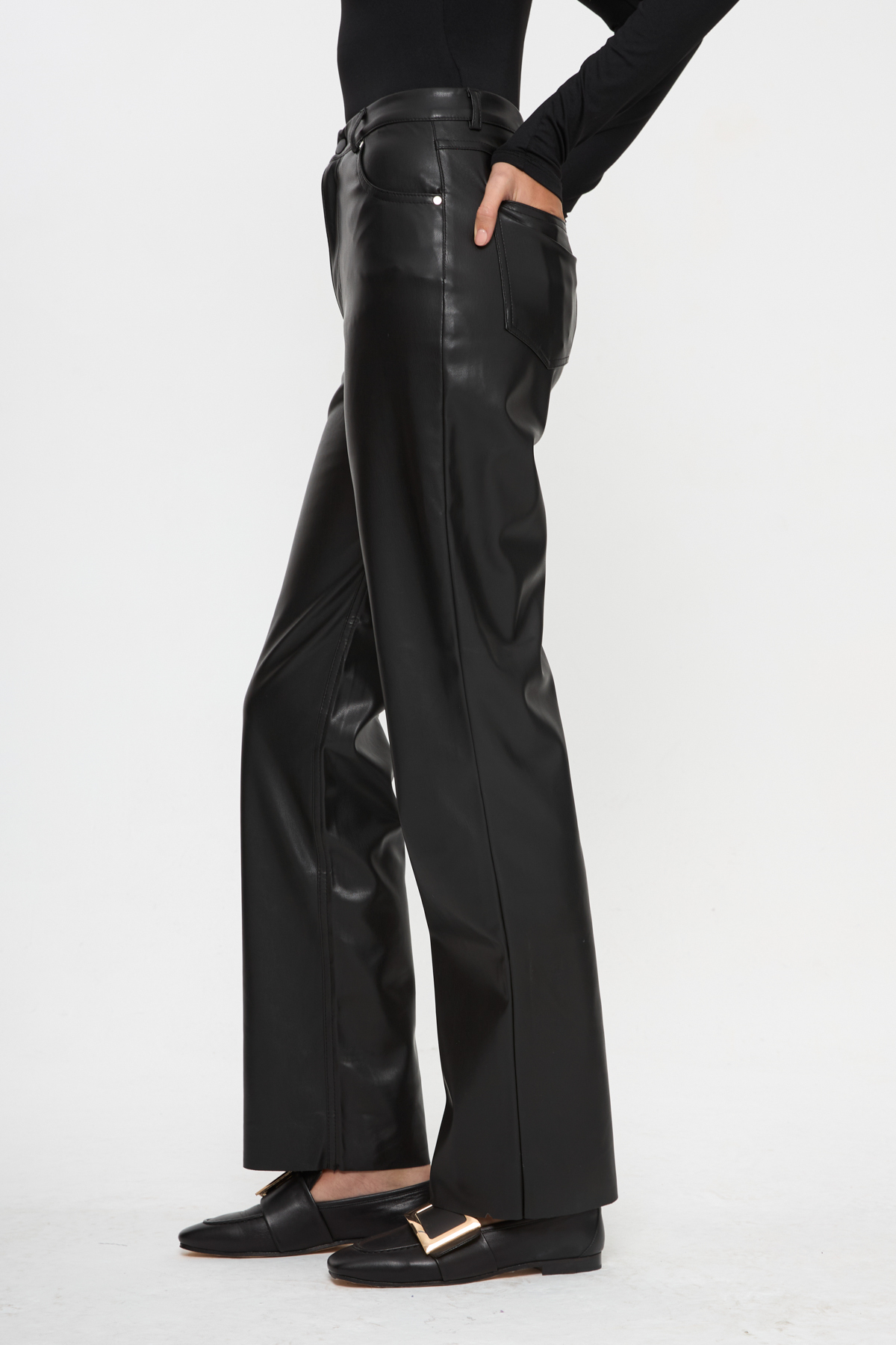 Tt Line  Yüksek Bel Düz Paça Suni Deri Pantolon - Görsel 3