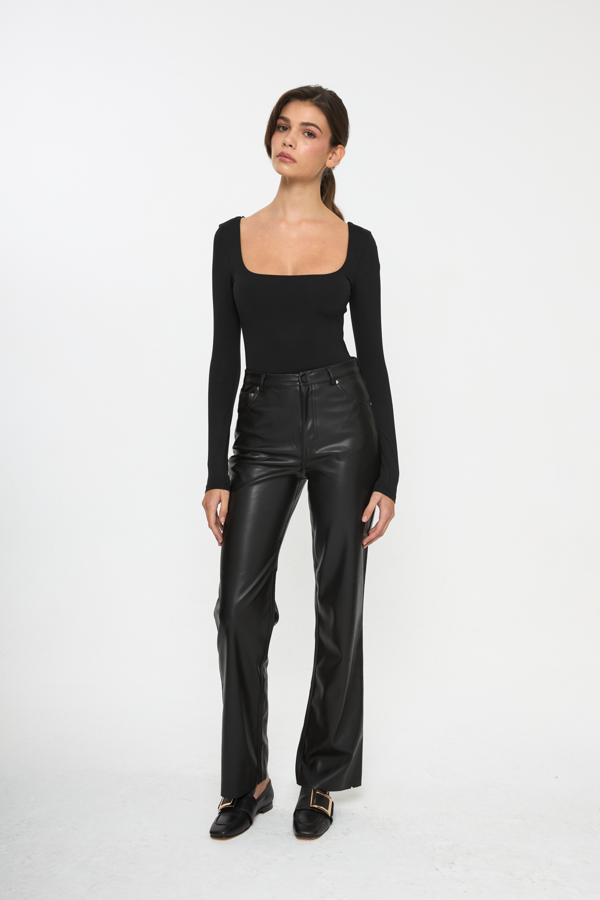 Tt Line  Yüksek Bel Düz Paça Suni Deri Pantolon