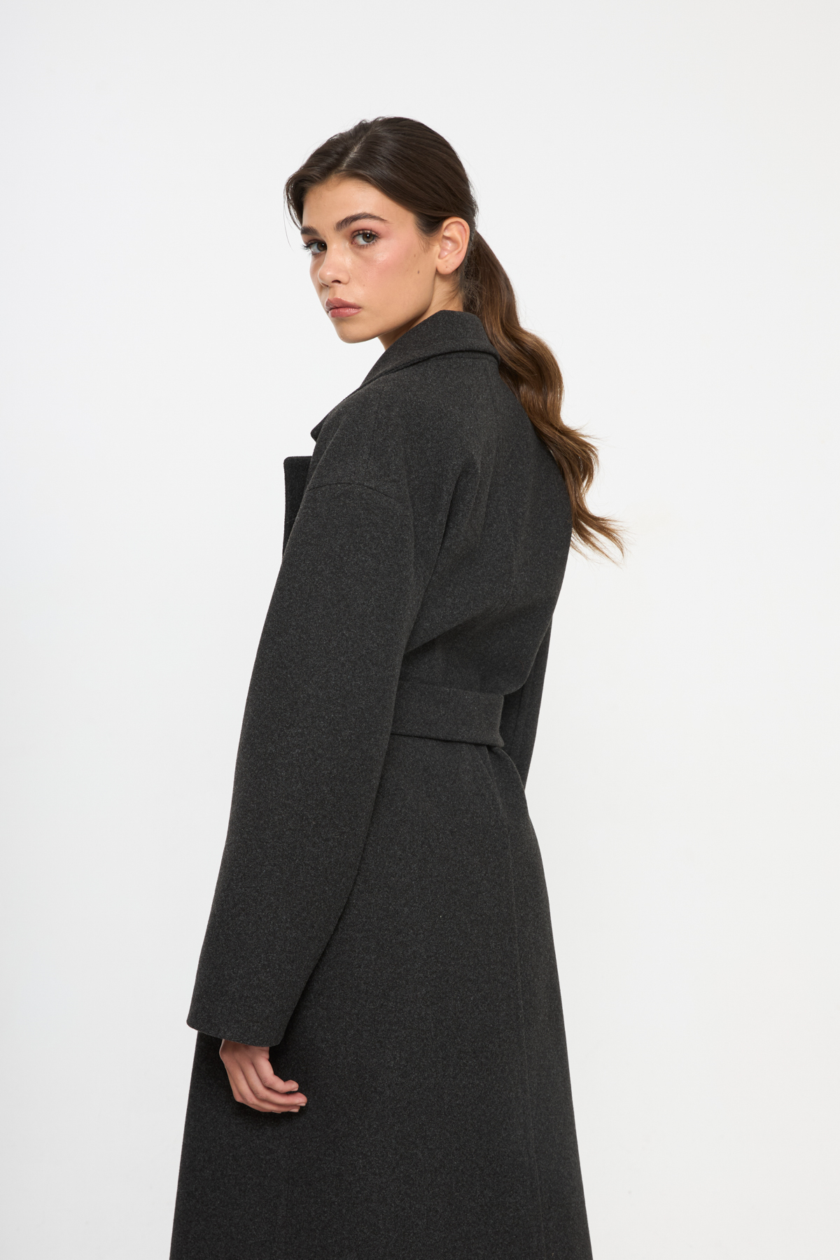 Tt Line  Kuşaklı Oversize Kaşe Palto - Görsel 7
