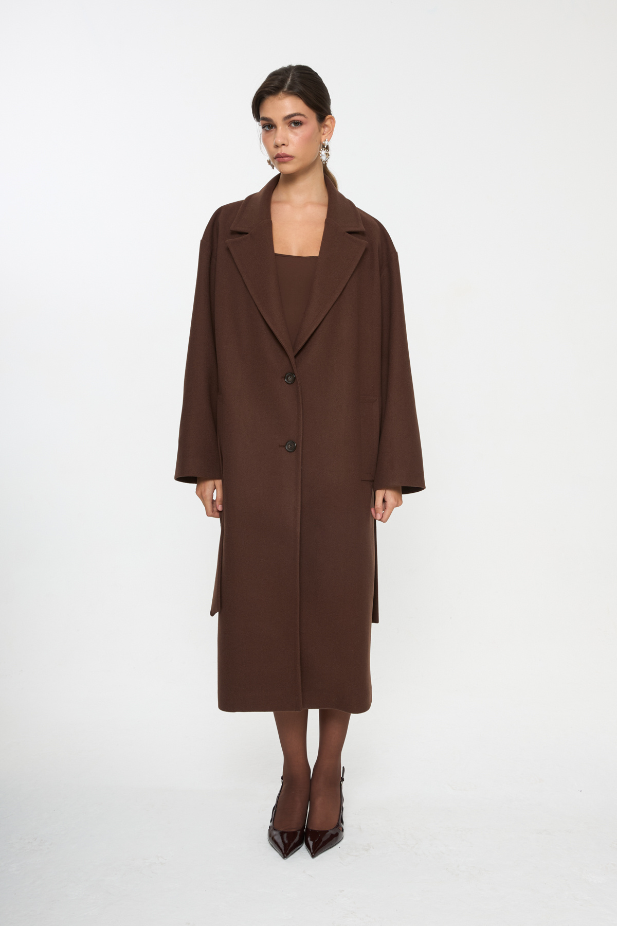 Tt Line Kuşaklı Oversize Kaşe Palto Kahve