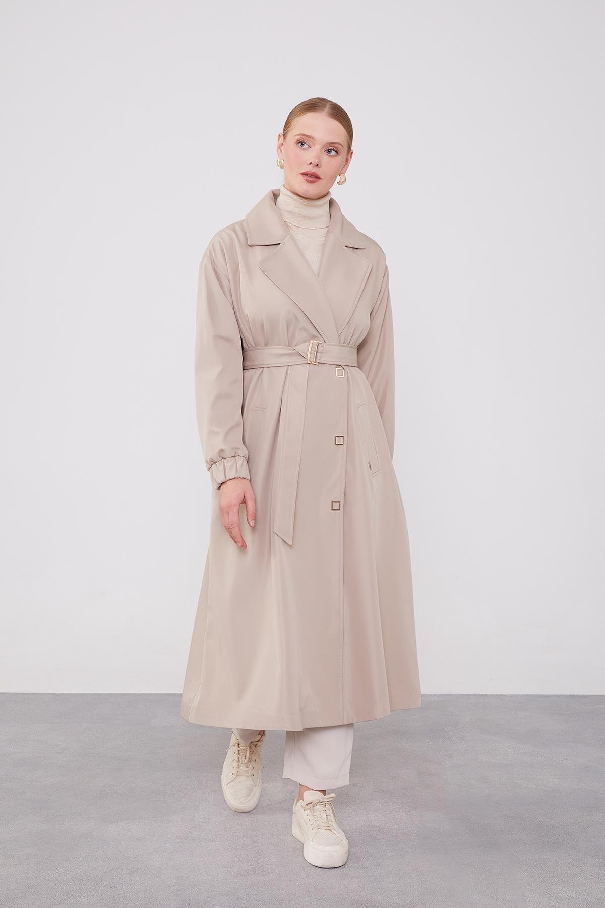Levidor Bej Kolu Lastik Detay Trençkot