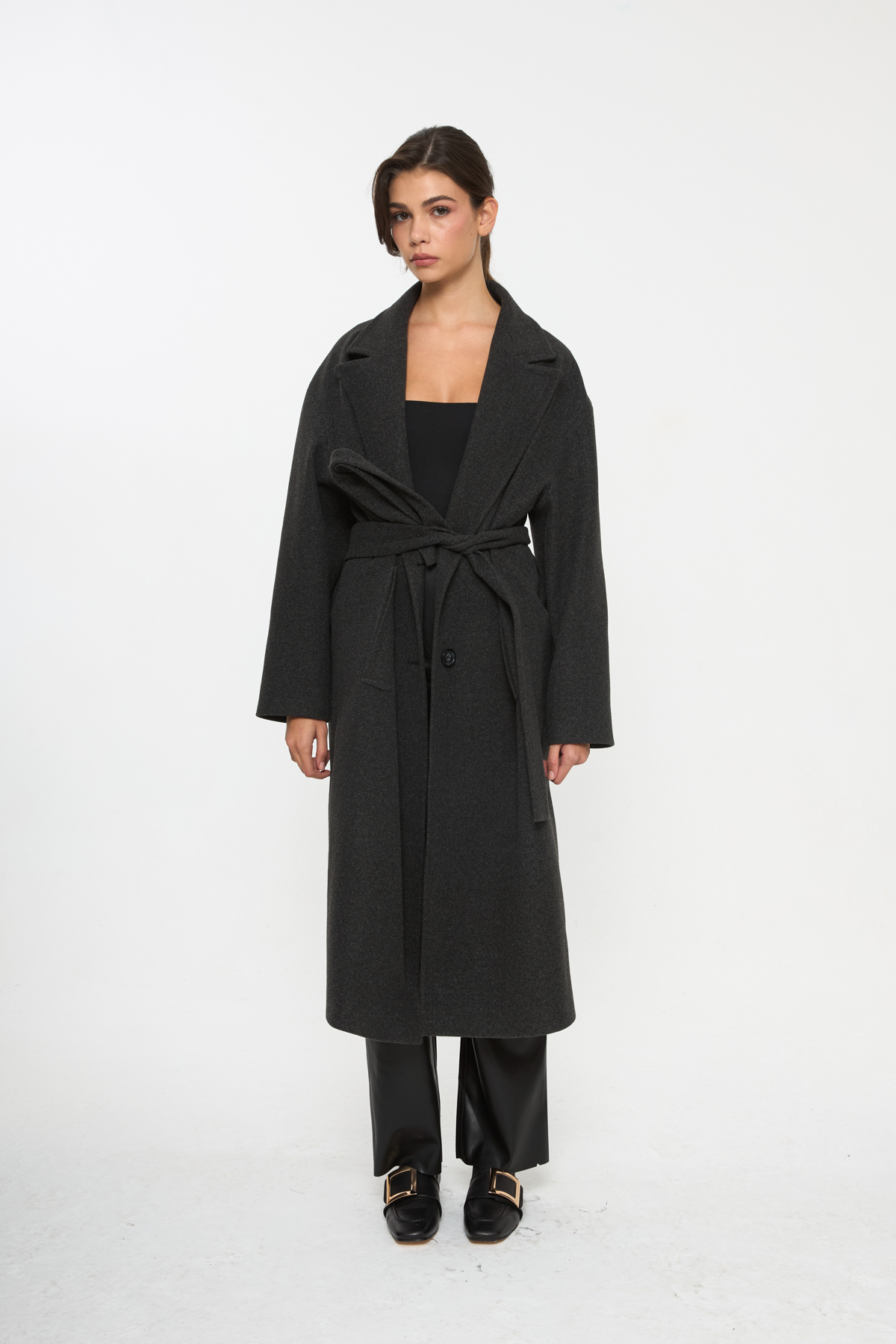 Tt Line  Kuşaklı Oversize Kaşe Palto - Görsel 3
