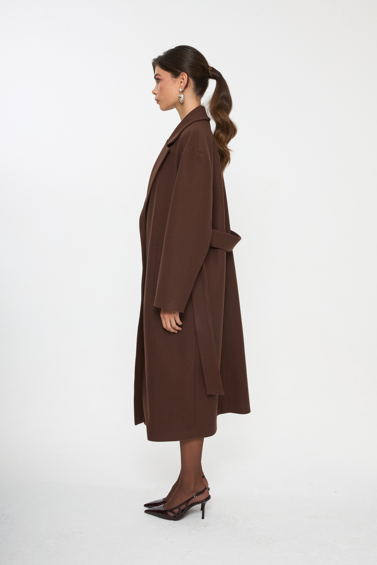 Tt Line Kuşaklı Oversize Kaşe Palto Kahve görsel 2