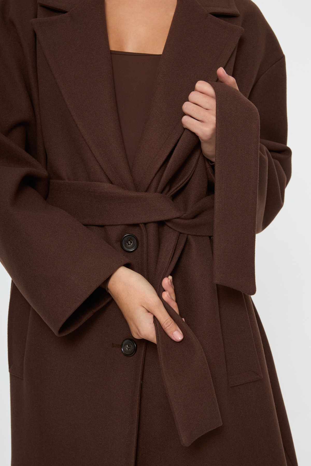 Tt Line Kuşaklı Oversize Kaşe Palto Kahve görsel 6