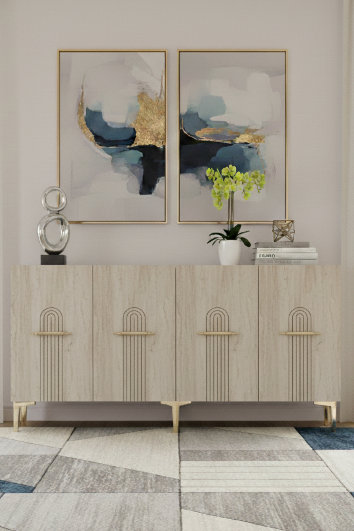 CENEYRA KA1519BTG IDA150 KONSOL, TV SEHPASI, KAHVE KÖŞESİ BEYAZ-TRAVERTEN KAPAK-GOLD 150cm