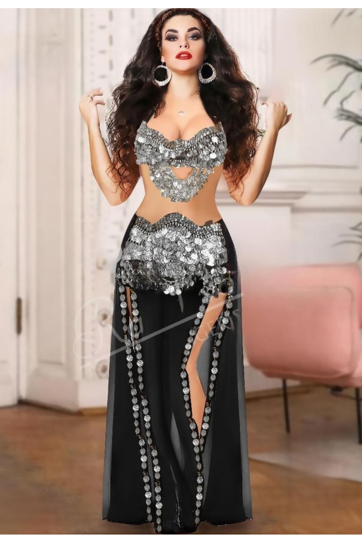 RAHAF TİCARET Seksi ve Parlak Tam İşlemeli Gümüş Madeni Paralar Oryantal Dans Kostümü 2 Parça Sütyen ve Etek