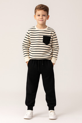 Şekerkids Erkek Çocuk %100 Pamuklu Krem Rengi Siyah Çizgili Uzun Kollu Eşofma...